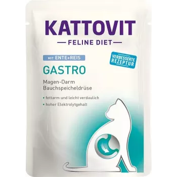 Slapjā veterinārā kaķu barība KATTOVIT Adult Duck & Rice sachet 85 g – gremošanas atbalsts, aizkuņģa dziedzera nepietiekamība