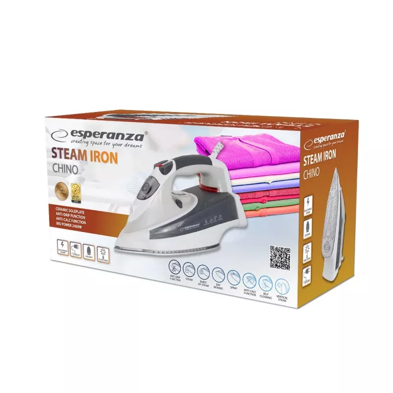 Esperanza CHINO EHI009 tvaika gludeklis 2400 W, keramikas gludināšanas zole, 0,3 l tvertne, gludināšana ar tvaiku un bez, 220–240 V, 50–60 Hz, 1,5 m vads, balts