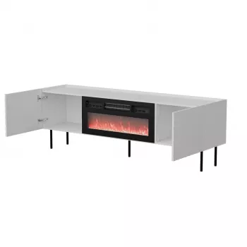 TV skapis cama meble LUCCA 180x40x59 cm, balta virsma un rāmis, melns elektriskais kamīns