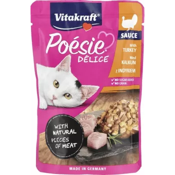 Slapjā kaķu barība Vitakraft Poésie Delice tītars 85 g — pieaugušiem kaķiem, mitra porcija, olbaltumvielas 8%, tauki 4,5%