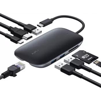 AUKEY CB-C71 USB-C centrmezgls 8 vienā, 3x USB-A 3.0, HDMI 4K@30Hz, Gigabit RJ45, SD/microSD, USB-C PD 100 W, 0,15 m kabelis, alumīnijs, melns