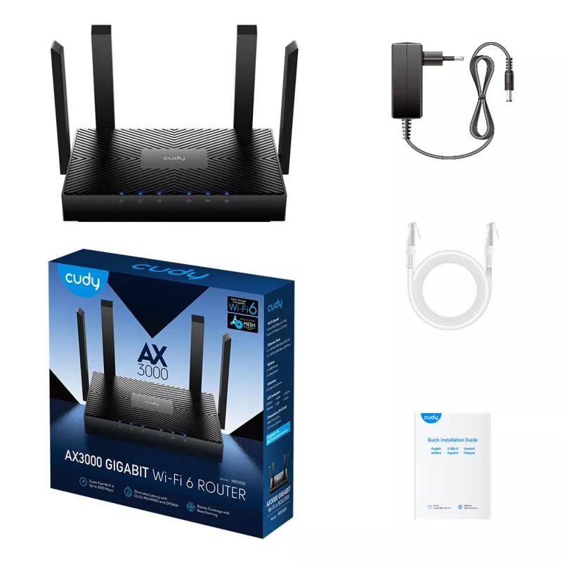 Cudy WR3000 bezvadu maršrutētājs Gigabit Ethernet divjoslu (2,4 GHz / 5 GHz) Melns