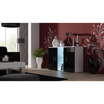 Sideboard Cama Meble SOHO S7 120 cm — 3 durvis, 4 plaukti, balta virsma, melns spīdums