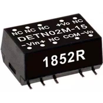 Strāvas pārveidotājs/invertors Mean Well DETN02M-05 — Ieeja 10.8–13.2 V, Izeja 5 V, 2 W, RoHS, dziļums 15.2 mm