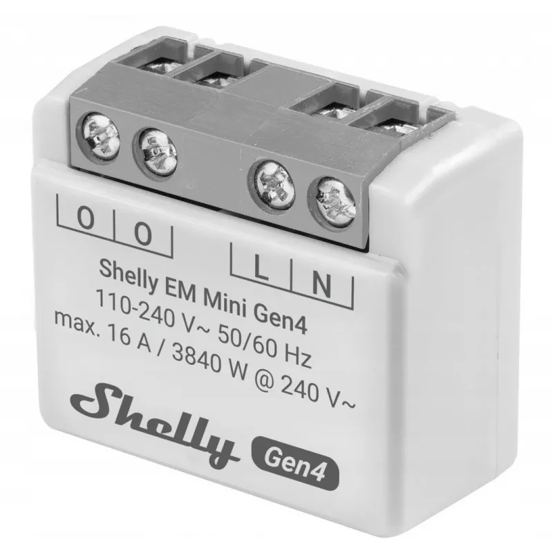 Shelly Relay EM Mini Gen4 1-kanāla viedais relejs ar enerģijas mērītāju, Wi‑Fi Matter Zigbee Bluetooth, 8A, 110–240V