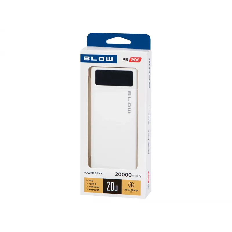 Pārnēsājams enerģijas bloks BLOW PB20E 20000mAh QC+PD 20W ar USB-C, 2×USB-A, Lightning ieeju, polimēra akumulators