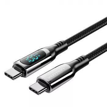 Vention Cotton Braided USB 2.0 C vīrietis uz C vīrietis 5A kabelis ar LED displeju 1.2M Melns Cinka sakausējums