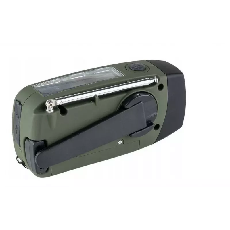 Ārkārtas radio FOSCO 464600 ar LED lukturīti, power bank, FM, IPX3, saules/manuālo/USB-C uzlādi — zaļš/melns