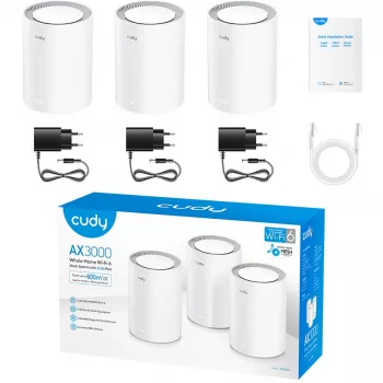 Cudy M3000 3-PACK Wi-Fi 6 tīkla sistēma (802.11ax) divjoslu (2.4 GHz / 5 GHz) pelēka, balta