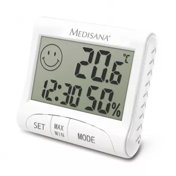 Elektroniskais iekštelpu higrometrs Medisana HG 100 — digitālais termometrs, mitrums 20–90%, temperatūra -10–50 °C, galda displejs, baterija AAA