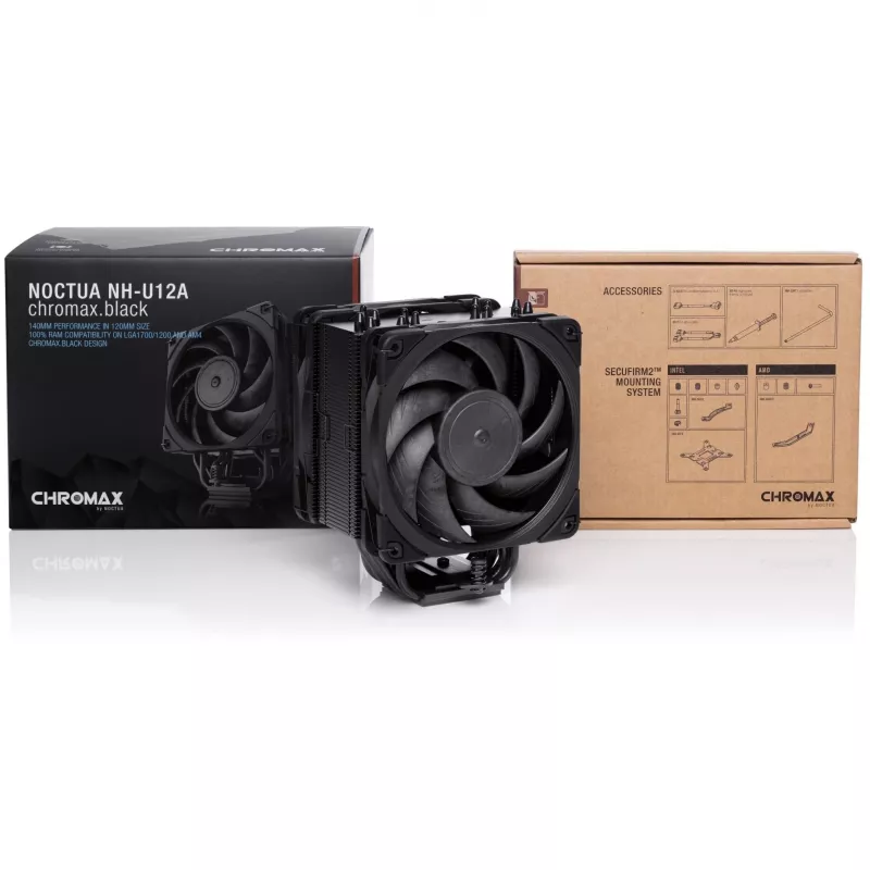 CPU dzesētājs Noctua NH-U12A CHROMAX.BLACK – 120 mm divi ventilatori, 158 mm augstums, LGA 1200, 2000 RPM