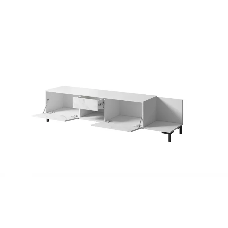 TV skapis Cama Meble MARMO 2D1S1K, 195x40x47.5 cm, balts matēts/virsma balts marmors