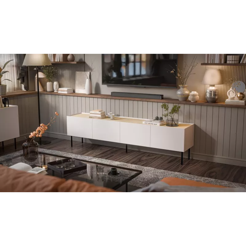 TV skapis Cama Meble FELLINI 200x40x52 cm, smilškrāsas rāmis, eļļots ozola virsma