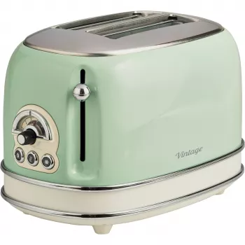 Ariete 155 Design 2 Šķēlīšu Toasteris ar Sviestmaižu Būriem, 6 Grauzdēšanas Līmeņi, 810 W, Nerūsējošā Tērauda Korpuss, Noņemama Drupaču Paplāte, Pasteļzaļš