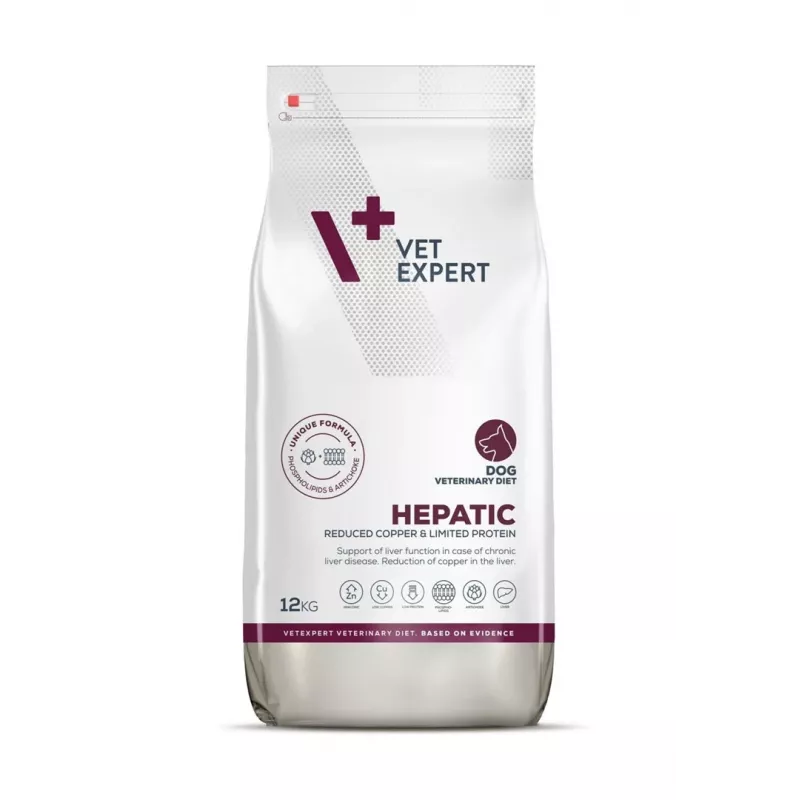 Sausā suņu barība VETEXPERT Veterinary Diet Hepatic 12 kg — diētiskā barība aknu atbalstam, gaļas garša, pieaugušiem suņiem 10–15,9 kg