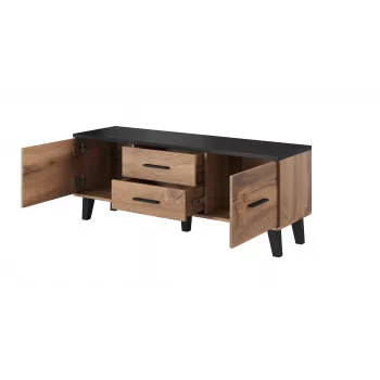 TV statīvs Cama Meble LOTTA 140 cm — wotan ozola rāmis, melna skaidu plātnes virsma, 1400×400×530 mm