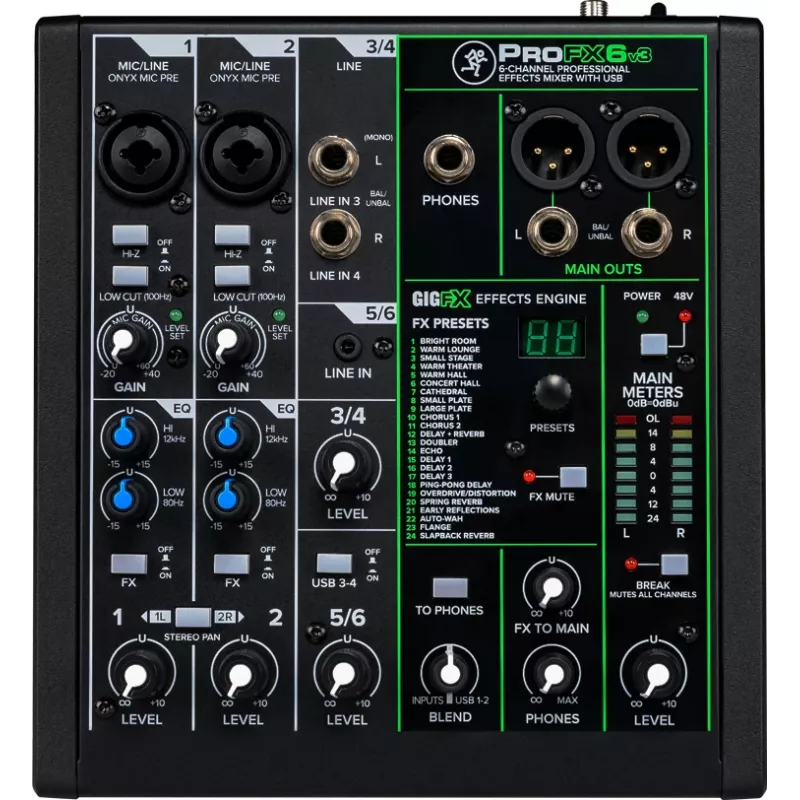Mikseris Mackie ProFX6v3 kompakts 6-kanālu analogs mikseris ar USB interfeisu
