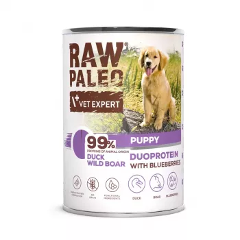 Slapjā suņu barība VETEXPERT RAW PALEO Duoprotein Pīle & Mežacūka Kucēniem 400 g, bez lipekļa un sojas, 78% mitrums