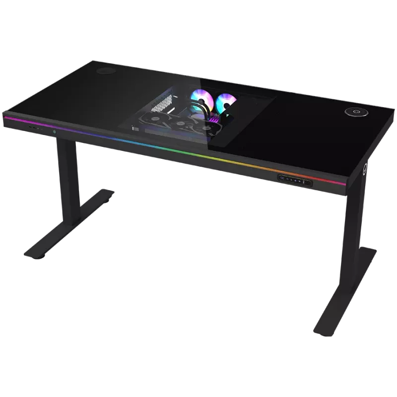 Divmotoru sēdus-stāvus regulējams spēļu galds ar iebūvētu PC korpusu, bezvadu lādētāju, RGB apgaismojumu, vadības paneli un USB portiem, rūdīta stikla virsma, melns