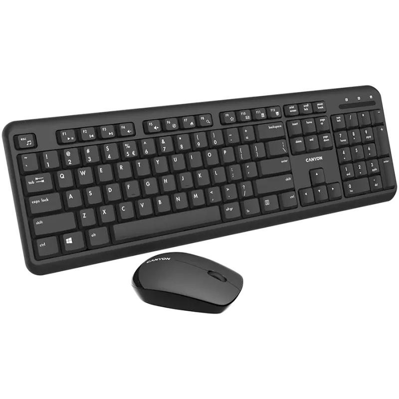 Bezvadu tastatūras un peles komplekts CANYON CNS-HSETW02-UK/US Black Velvet — kompakts bezvadu komplekts ar USB uztvērēju