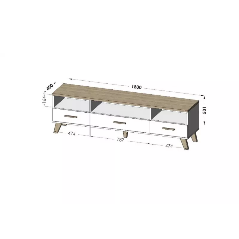TV statīvs Cama Meble LOTTA 180 cm – Wotan ozola rāmis, matēti melna skaidu plātnes virsma, 1800×400×530 mm