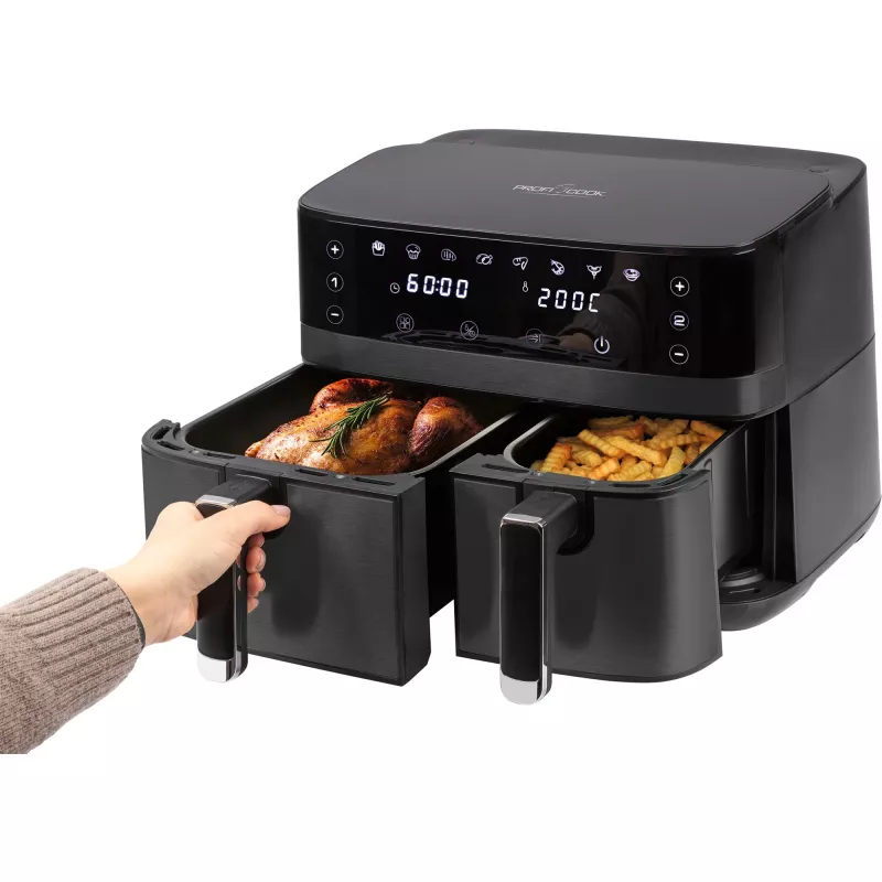 Divu grozu karstā gaisa fritieris ProfiCook PCFR1295H — 2x trauki (5.5 L + 3.5 L), 9.0 L kopā, 2700 W, nerūsējošā tērauda priekšpuse