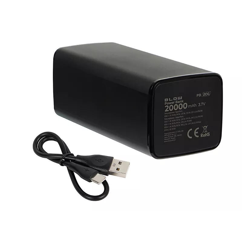Pārnēsājams jaudas bloks BLOW PB20G 20000mAh PD 65W, USB-C ieeja/izeja, 2x USB-A izejas, melns