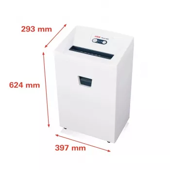 Smalcinātājs HSM Pure 420 — daļiņu griezums P-4, 24 cm darba platums, 15 lapu ietilpība, 35 L tvertne, balts