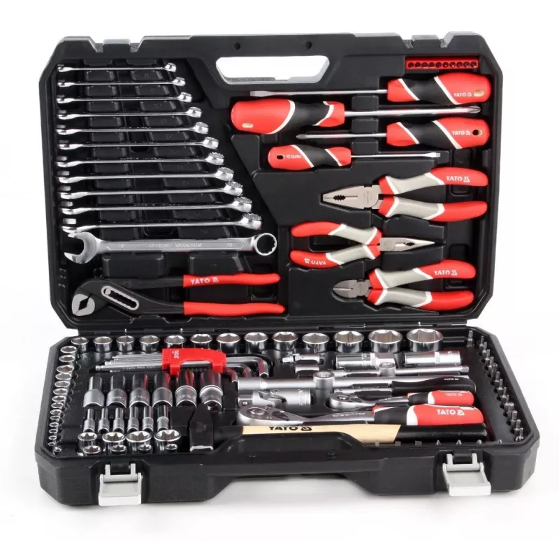 Mehāniķa instrumentu komplekts YATO YT-38901 — 122 daļas, uzgriežņu atslēgas 12–32 mm, griežņi, skrūvgrieži, āmurs, knaibles, hromēts