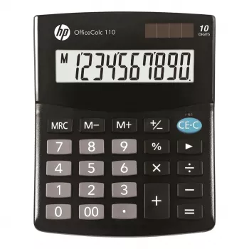 HP OC 110 galda kalkulators — 10 ciparu LCD, saules/baterija, CR2032, 24 taustiņi, melns, 101×33×125 mm