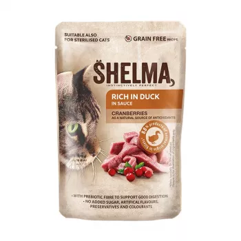 Slapjā barība kaķiem SHELMA multipaka 4×85 g — pieaugušiem kaķiem, vistas, tītara, liellopa, pīles, bezgraudu