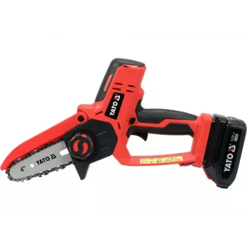 Bezvada motorzāģis YATO YT-828135 — 18V Li-Ion 2Ah, 10 cm riepa, 3200 RPM, 4.8 m/s ķēdes ātrums, 26 posmi