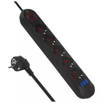Strāvas sadalītājs MACLEAN MCE395 B — 5 kontaktligzdas, 3×USB, 110–240V AC, 2.1A USB, 2500W, 1.5 m vads, melns