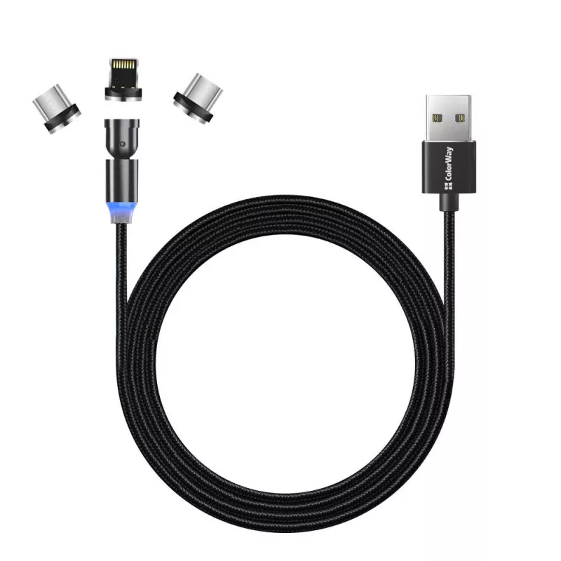 3-in-1 uzlādes kabelis ColorWay CW-CBUU037-BK — Lightning, Micro-USB, USB-C, 1 m, 2,4 A