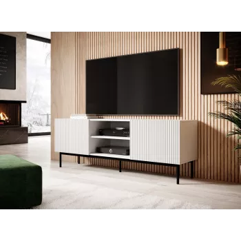 PAFOS RTV skapis uz melns tērauda rāmis 150x40x60 cm balts matēts