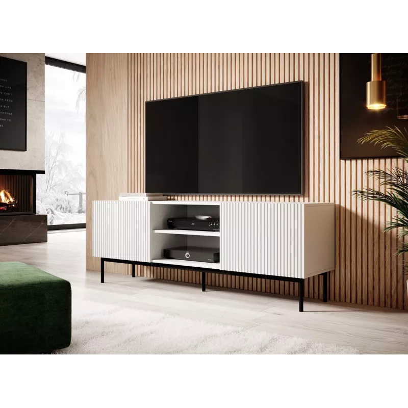 PAFOS RTV skapis uz melns tērauda rāmis 150x40x60 cm balts matēts