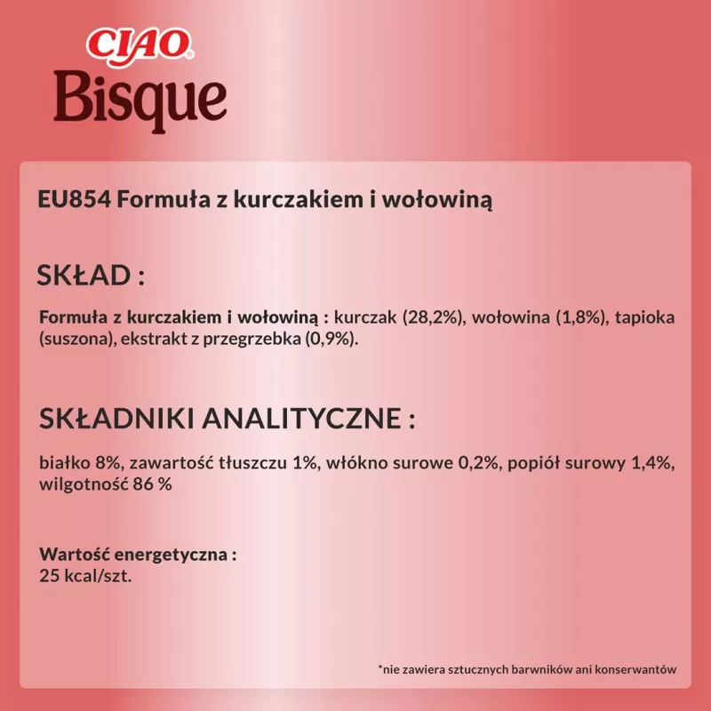 Slapjš kaķu gardums INABA Ciao Bisque — Vistas gaļa ar liellopu gaļu, 40 g paciņa, bez graudiem, bez cukura