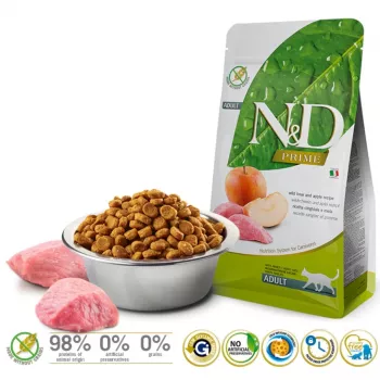 Sausā barība kaķiem Farmina N&D Prime Adult 5 kg — Brieža gaļa un ābols, Olbaltumvielas 44%, Tauki 20%