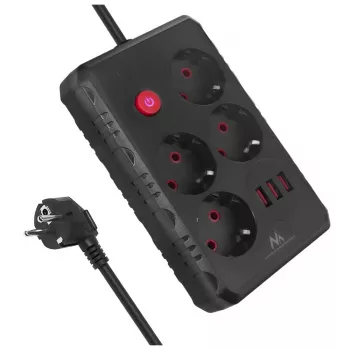Pagarinātājs MACLEAN MCE393 B — 4 kontaktligzdas, 3×USB, 110–240V, 2500W, 3 m vads, melns