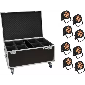 LED PAR gaismu komplekts EUROLITE 20000881 — 8 gab., 12x8W QCL, ar transporta koferi uz riteņiem