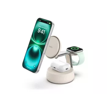 Bezvadu lādētājs Belkin Qi2 WIZ040KQSD — 25 W, USB, 1,5 m kabelis, balts, viedtālrunim, viedpulkstenim, austiņām, fitnesa izsekotājam