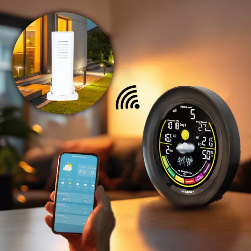 Laika stacija BLAUPUNKT WS35BK APP — LCD displejs, temperatūra un mitrums, modinātājs, kalendārs, lietotnes savienojums, 94×94×27 mm