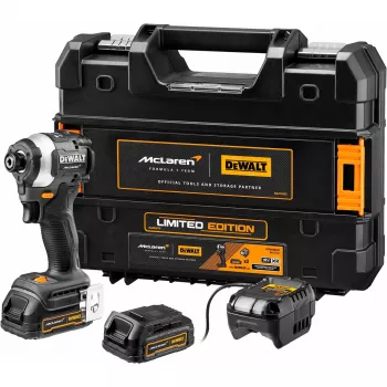 Bezvada triecienuzgriežņu atslēga DCF85ME2GT, 18V, 1/4 inch, McLaren dizainā pelēk/melna, 2x POWERSTACK Li-Ion akumulators 1,7 Ah, T STAK kastē