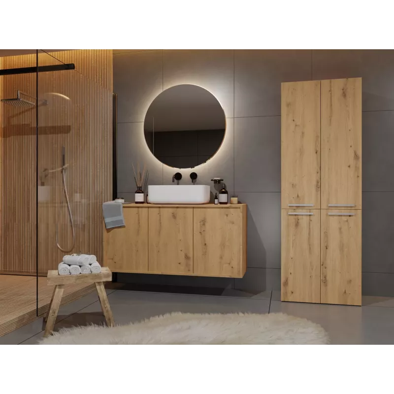 Brīvi stāvošs vannas istabas skapis NEL 2K DD ART KPL — ozola rāmis, 600×300×1740 mm, 3 plaukti