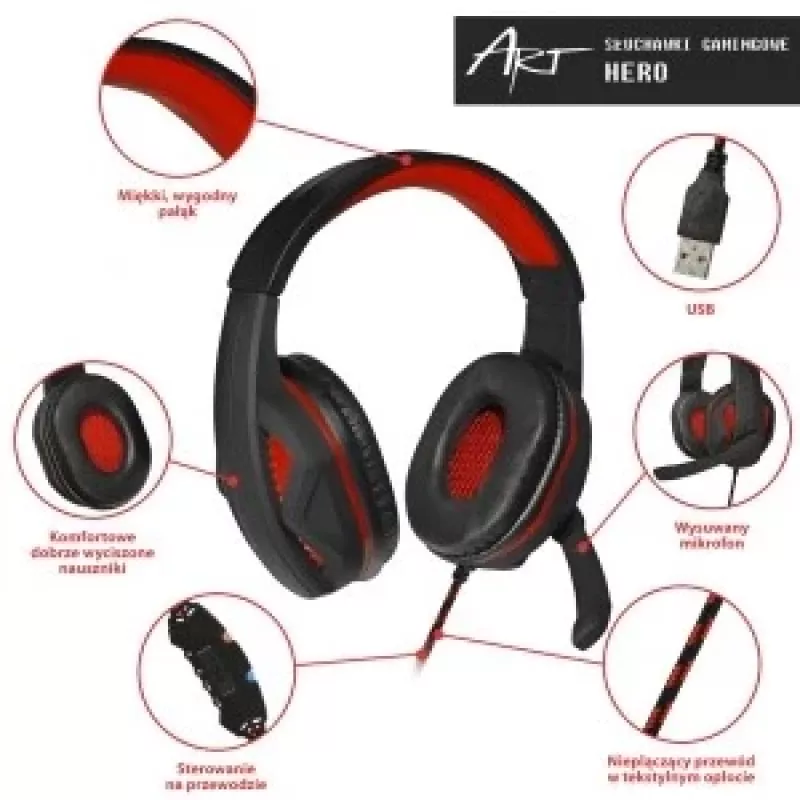 Gaming austiņas ar mikrofonu Art Hero USB