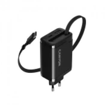 Lādētājs CANYON OnCharge 65RC ar iebūvētu USB-C kabeli, 65W, 1x PD, 1x QC, EU kontaktdakša, Melns