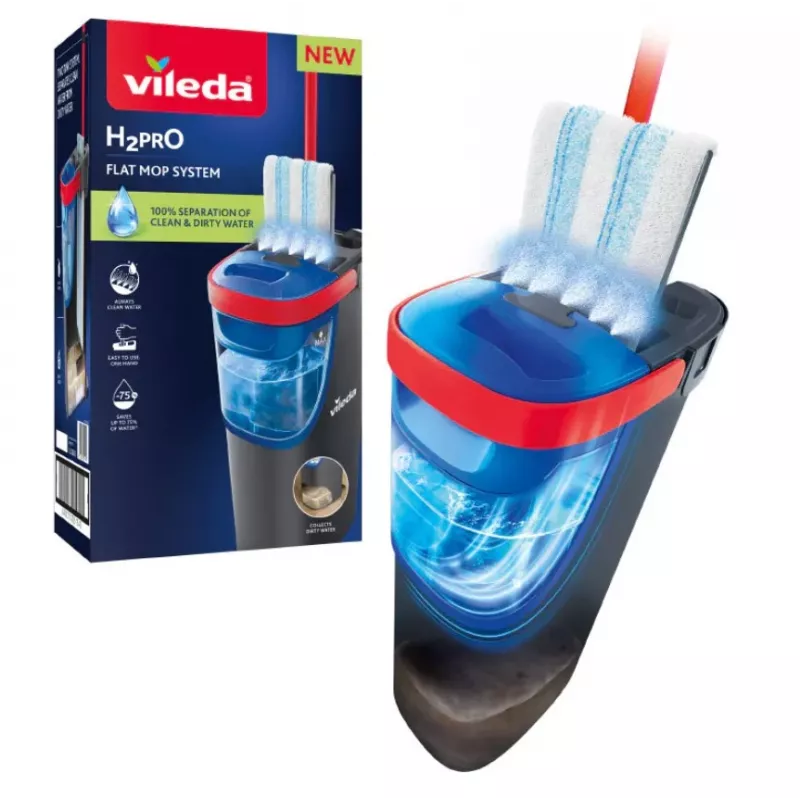 Vileda H2PrO 175775 plakanā grīdas mopa komplekts ar divu tvertņu sistēmu, mikrošķiedra, melns/sarkans