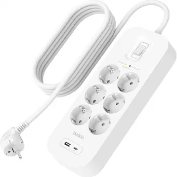 Pārsprieguma aizsargs Belkin SRB002VF2M‑V2 — 6 kontaktligzdas, 2 m kabelis, USB‑C un USB‑A porti