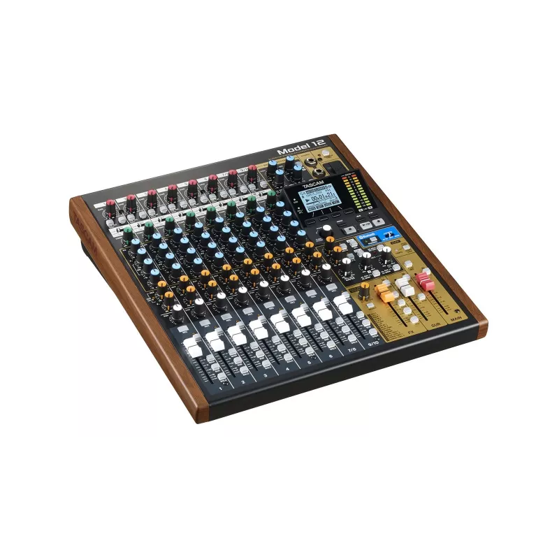 Tascam Model 12 10 kanālu mikseris ar 12 celiņu ierakstītāju, 20–20000 Hz, melns/koks