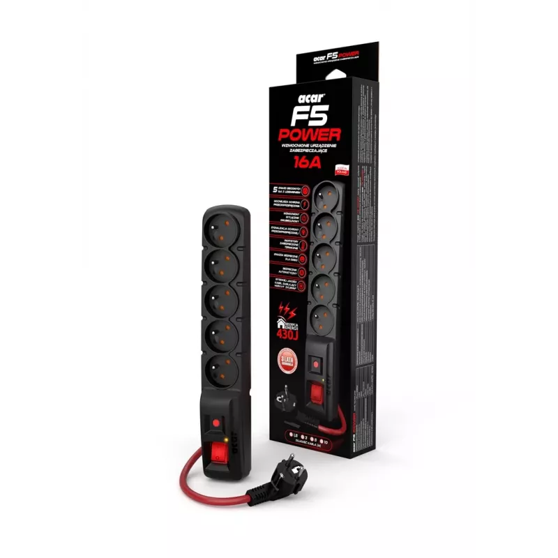 ACAR F5 POWER Melns 5 AC kontaktligzdas 230 V 10 m